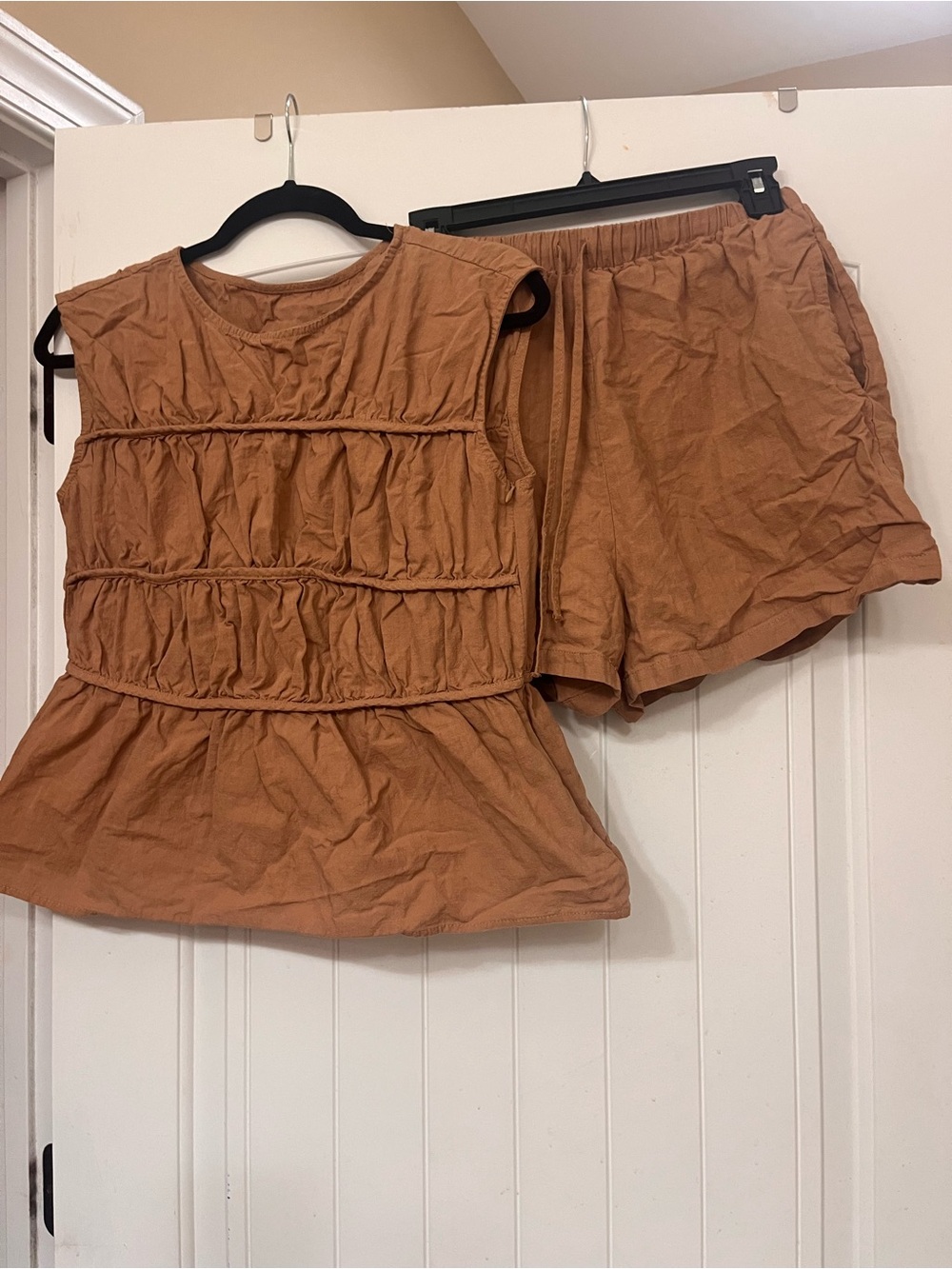 Women’s Rust Brown Cotton Ruffled Peplum Top & Matching Shorts Set